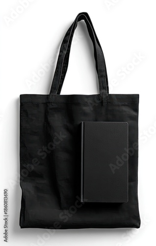 Black tote bag with a matching black book against a white backdrop
