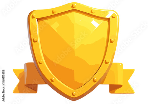 Ein glänzendes goldenes Schild mit einem dekorativen Banner auf transparentem Hintergrund symbolisiert Schutz, Qualität, Sicherheit und herausragenden Erfolg und Auszeichnung.