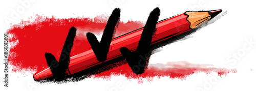 Roter Bleistift zeichnet einen Strich mit drei schwarzen Häkchen, symbolisiert Zustimmung, Erledigung und Qualität, auf transparentem Hintergrund.