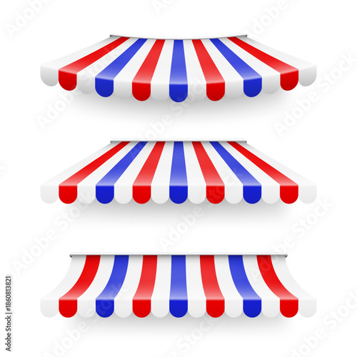 Shop sunshade. Realistic striped cafe awning. Outdoor market tent. Roof canopy in French flag colors. Summer street store. Vector illustration.