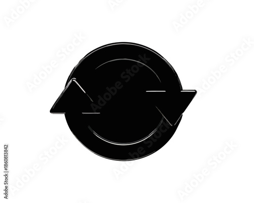 Ein glänzendes, schwarzes 3D-Aktualisierungssymbol mit Kreispfeilen, perfekt für digitale Benutzeroberflächen und Web-Designs, auf transparentem Hintergrund.