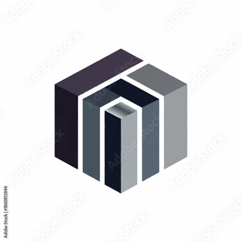 3D geometric cube with layered design and gradient colors.