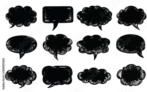Sammlung von zwölf handgezeichneten, schwarzen Sprech- und Gedankenblasen mit Grunge-Textur, ideal für Kommunikation und Design.