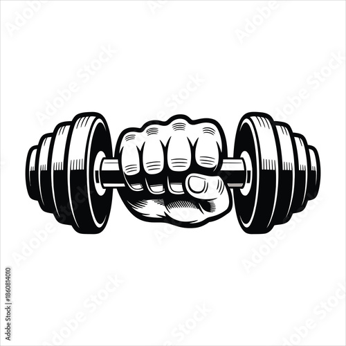A strong human hand firmly grips a heavy dumbbell in a powerful black and white graphic