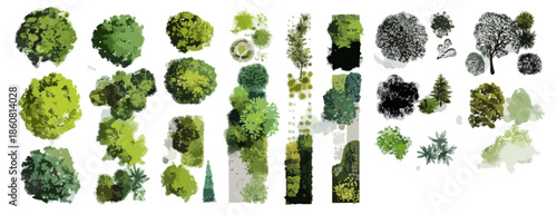 Eine vielfältige Sammlung transparenter Bäume und Pflanzen in Draufsicht, perfekt für Architektur, Landschaftsarchitektur und Stadtplanung.