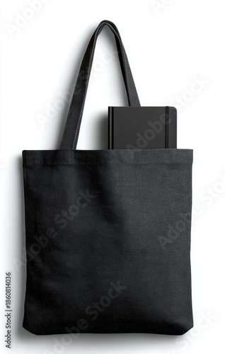 Black tote bag with a black notebook inside, hanging against a white background