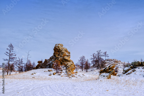 Tazhenranskaya steppe in winter on west coast of Lake Baikal, Siberia