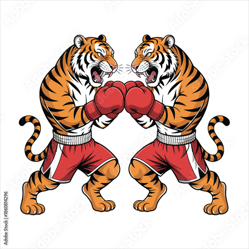 Two ferocious boxing tigers facing off ready to fight in red shorts and gloves on a white background