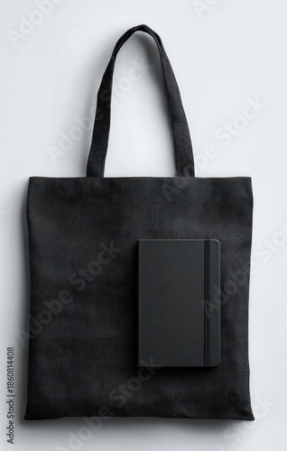 Black tote bag with a matching notebook. Minimalist, monochrome, aesthetic