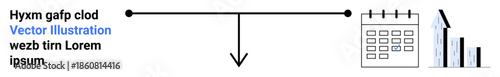 Project planning, business strategy, workflow optimization, time management, productivity tracking, corporate goals. Horizontal timeline with arrow, calendar and bar chart icons. Project planning