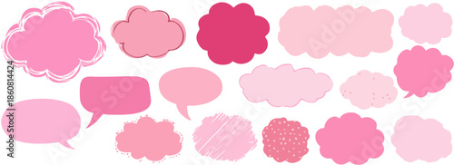 Variedad de burbujas de diálogo y nubes en tonos rosados, con diferentes formas y texturas, ideales para expresar ideas y comunicación gráfica.