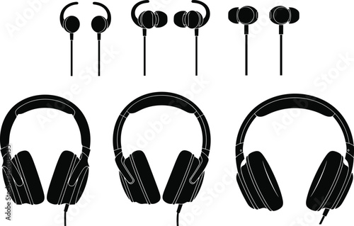 Headphones and earphones silhouette, black vector illustration, audio accessories, music gear, sound equipment, wearable tech, minimal design, listening devices