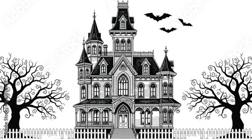 Haunted house silhouette vector illustration, spooky Halloween icon, gothic mansion design, black graphic set, eerie night concept, horror theme style