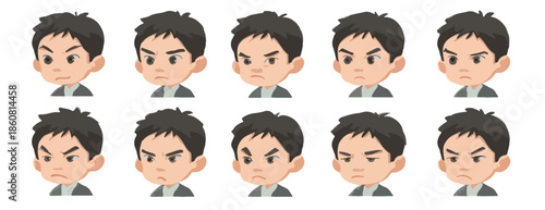 Conjunto de diez avatares de dibujos animados de hombres jóvenes con diversas expresiones de enojo y frustración, ideal para uso transparente en diseño digital.