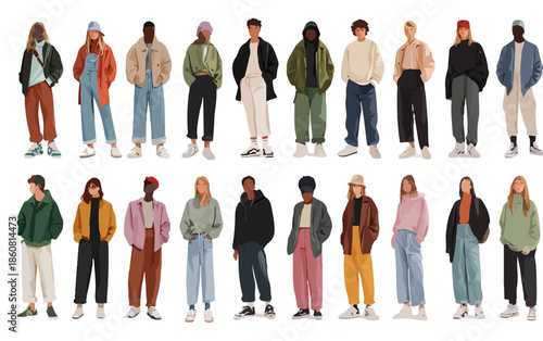 Colección de jóvenes diversos de pie con ropa casual y de calle, aislados en un fondo transparente para proyectos de diseño gráfico.