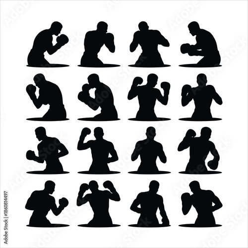 Collection of twelve boxer silhouettes demonstrating various fighting and training poses