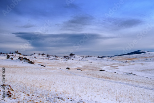 Tazhenranskaya steppe in winter on west coast of Lake Baikal, Siberia