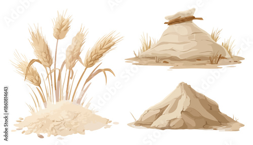 Espigas de trigo maduras y montones de harina o grano sobre fondo transparente, elementos esenciales de la agricultura y la industria alimentaria.