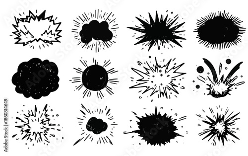 Colección de explosiones y estallidos dibujados a mano estilo grunge, elementos gráficos monocromáticos para diseño web y publicidad.