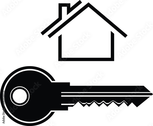 House outline, key symbol, home security, property access, real estate icon, black and white vector, ownership concept, minimal design, safe living
