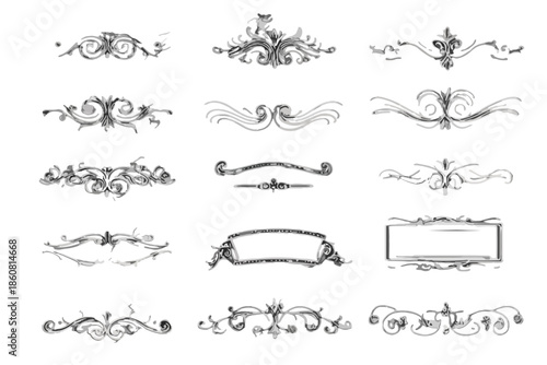 Colección de elegantes divisores y marcos decorativos vintage dibujados a mano, perfectos para diseño gráfico y elementos transparentes.