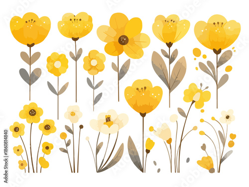 Colección de ilustraciones de flores amarillas y blancas en estilo acuarela, perfectas para primavera y diseño gráfico con fondo transparente.