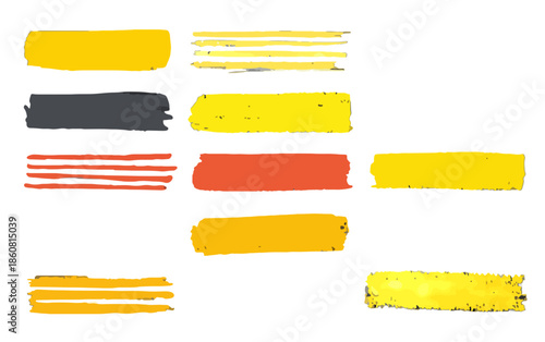 Conjunto de trazos de resaltador y marcas de pincel en tonos amarillos, naranjas y grises aislados sobre fondo blanco para diseño gráfico.