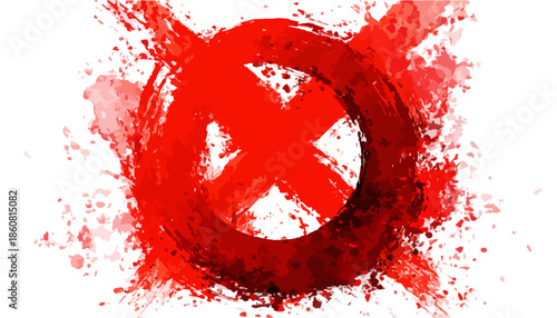 Símbolo de prohibición o error con una 'X' roja y círculo en estilo grunge acuarela, ideal para diseños impactantes con fondo transparente.