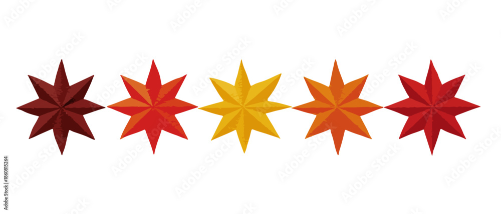 Obraz premium Cinque stelle a otto punte con un gradiente di colori autunnali, dal rosso scuro al giallo, perfette come elemento grafico trasparente per valutazioni o decorazioni.