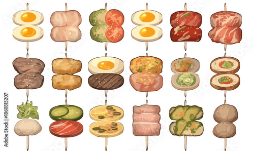 Illustrazione vettoriale di spiedini giapponesi assortiti con uova, carne e verdure, isolati su sfondo trasparente per design culinari.