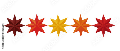 Cinque stelle a otto punte con un gradiente di colori autunnali, dal rosso scuro al giallo, perfette come elemento grafico trasparente per valutazioni o decorazioni.