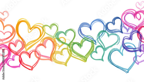 Bordura di cuori colorati e trasparenti disegnati a mano, ideale per celebrare amore, gioia, San Valentino e design grafico.