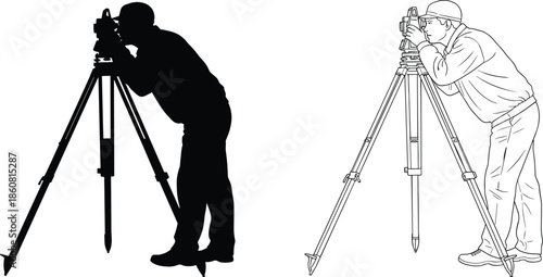 Land surveyor using total station theodolite on tripod for topography engineering, civil construction site measurement silhouette and line art vector illustration isolated