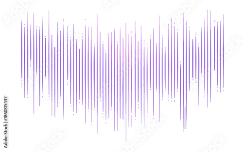 Modello astratto di linee verticali viola trasparenti che creano un'onda sonora digitale su sfondo bianco, ideale per design tecnologici e moderni.