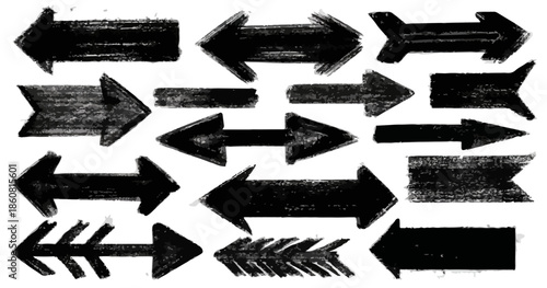 Illustrazione di frecce nere irregolari e graffiate, con effetto pennellata, utilizzabili per navigazione web o design creativo su sfondo trasparente.