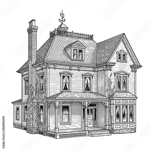 Detailed vintage line art illustration of a classic Victorian house, showcasing intricate architectural elements, gables, welcoming porch, and ornate windows in an elegant, timeless style