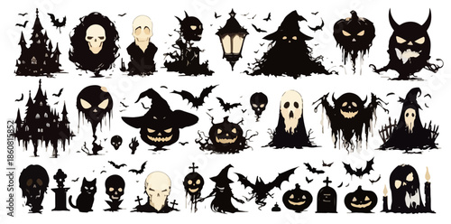 Vasta collezione di sagome e icone spettrali per Halloween, perfette per decorazioni digitali e design grafico con sfondo trasparente.