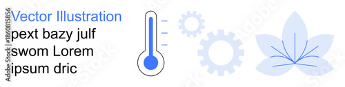 Industrial design, environmental science, technology processes, biomimicry, heat control, data analysis. Thermometer, gears and abstract leaf symbol. Environmental science and heat control concept