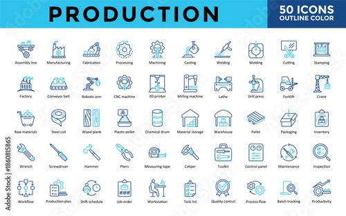 Production icons set with assembly line, manufacturing, fabrication, processing, machining, factory, robotic arm icon. Simple outline color vector 
