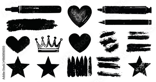 Set di elementi grafici vettoriali grunge neri, con cuori, stelle, pennellate e penne, ideali per design creativo e trasparente.