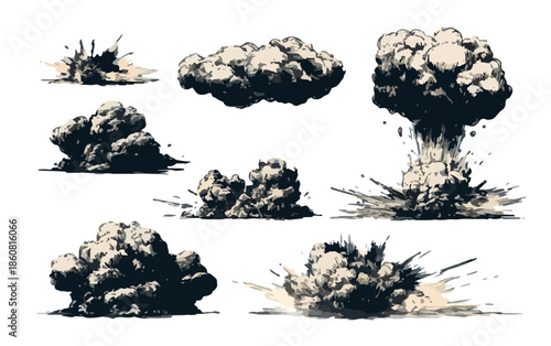 Illustrazioni vettoriali trasparenti di esplosioni, nuvole di fumo e impatti di polvere, ideali per effetti visivi e design.