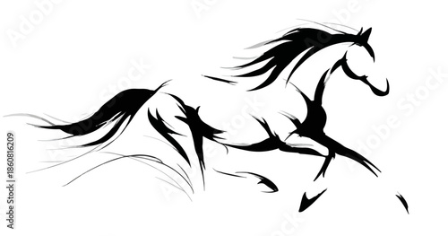 Cavallo stilizzato in corsa, un'illustrazione dinamica in bianco e nero con tratti artistici, perfetta per design grafico su sfondo trasparente.