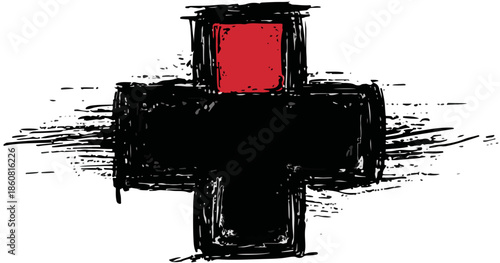 Simbolo di croce nera e rossa in stile grunge, disegnata a mano con texture ruvida, ideale per design grafico su sfondo trasparente.