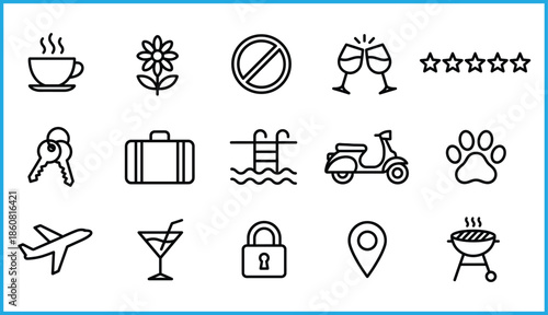 Set of 15 black line icons for travel, leisure, and hospitality services, ideal for vector illustration content