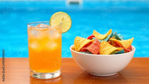 A refreshing orange drink with a lime slice and a bowl of colorful chips on a wooden surface