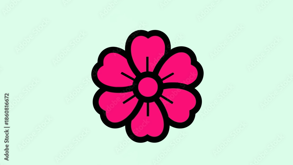 Naklejka premium Vibrant Pink Flower with Black Outline on Light Green Background.
