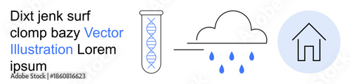 Science research, environmental study, home safety, genetics, meteorology, climate change. Test tube with DNA, cloud with rain house icon in circles. Science research and environmental study concept