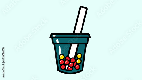 Illustration of a cup of bubble tea with straw and tapioca pearls.