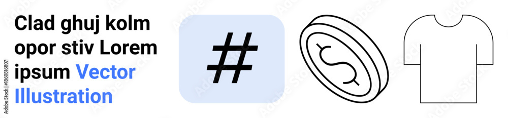 Obraz premium metadata tag in blue square, sketched coin with dollar sign, outlined t-shirt, placeholder text in modern style. Ideal for social media, economy, retail, branding, design education simple landing