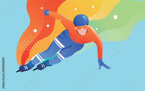 Speed skater illustration in orange and blue uniform racing on ice with dynamic abstract colorful waves in background